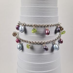 Elegant Multi-Color Pearl Peridot Sterling Layered Double Rolo Chain Bracelet